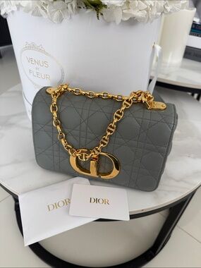 Dior Gray Quilted Leather Shoulder Bag with Gold CD Chain